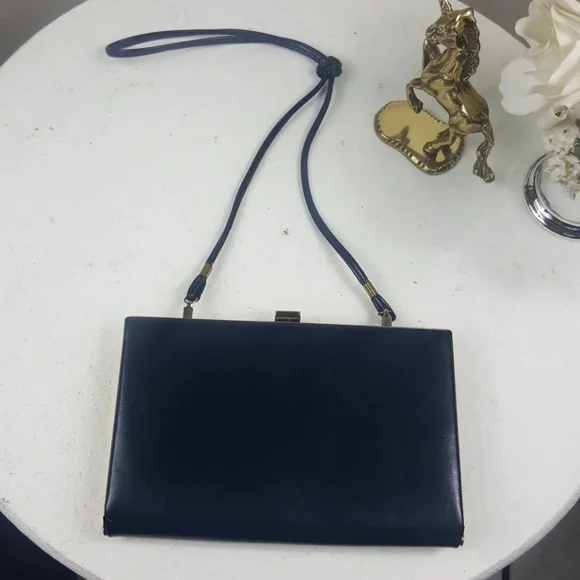 Vintage Genuine Leather Navy Blue Clutch Wristlet - Picture 3 of 8